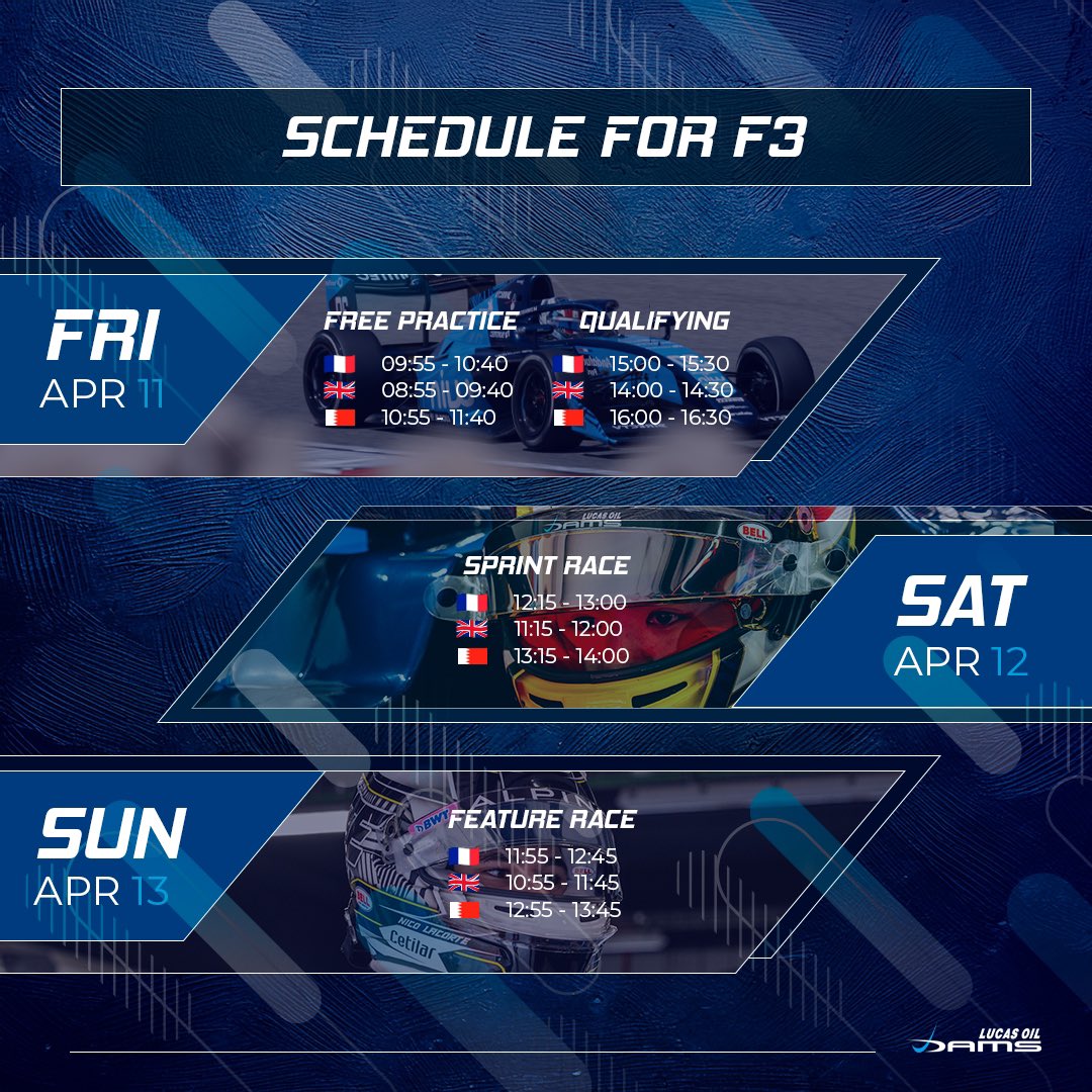 damsracing's tweet photo. 📍THIS WEEK’S GUIDE | FORMULA 2 & FORMULA 3 IN BAHRAIN
April 11, 12, 13 – Let’s race! 🏁🔥
#DAMSLucasOil #Formula2 #Formula3 #RacingSpirit #WeAreDAMS #PushToTheLimit #LucasOilUk #BahrainGP #DesertRace #NextStopBahrain https://t.co/ZZRBPsLBRi