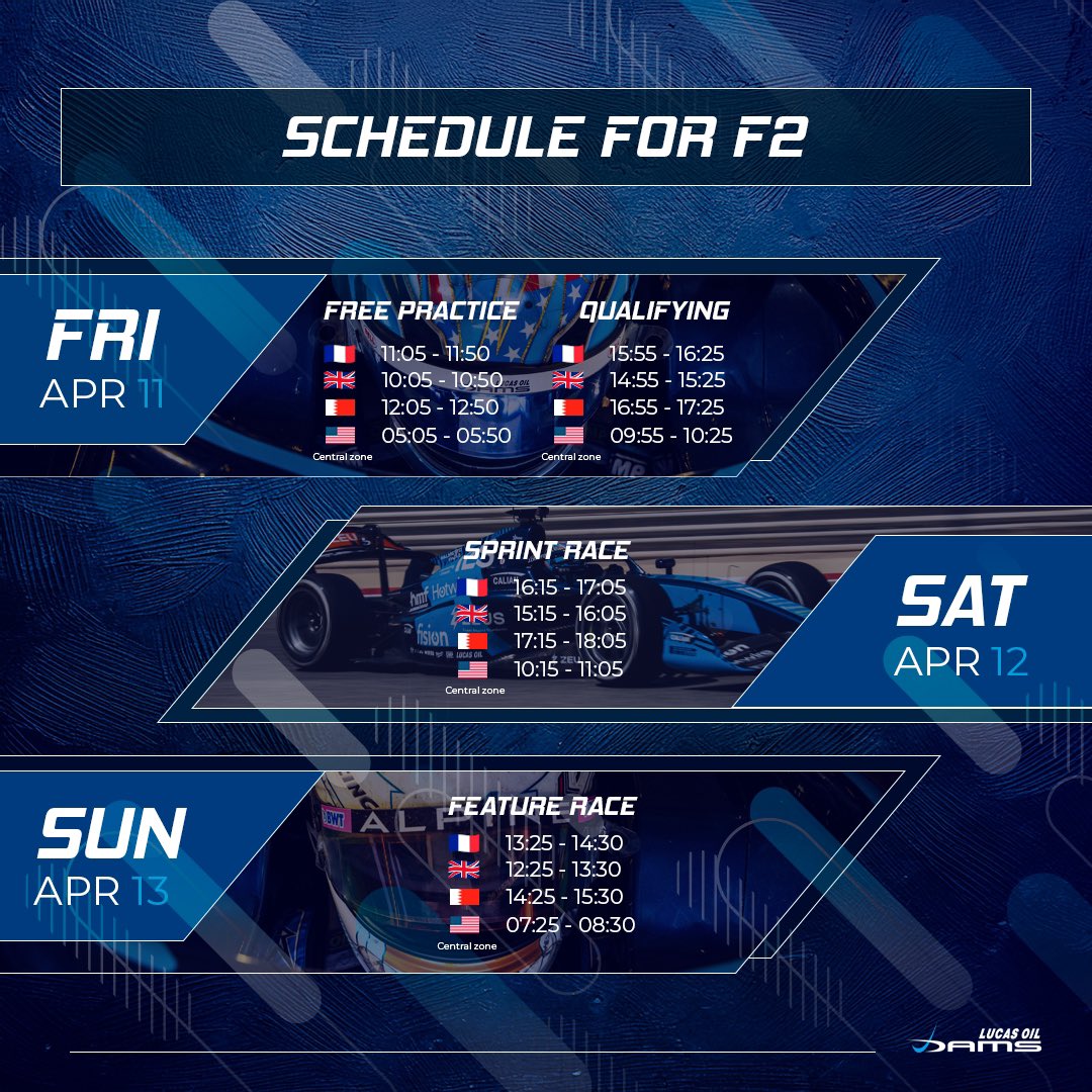 damsracing's tweet photo. 📍THIS WEEK’S GUIDE | FORMULA 2 & FORMULA 3 IN BAHRAIN
April 11, 12, 13 – Let’s race! 🏁🔥
#DAMSLucasOil #Formula2 #Formula3 #RacingSpirit #WeAreDAMS #PushToTheLimit #LucasOilUk #BahrainGP #DesertRace #NextStopBahrain https://t.co/ZZRBPsLBRi