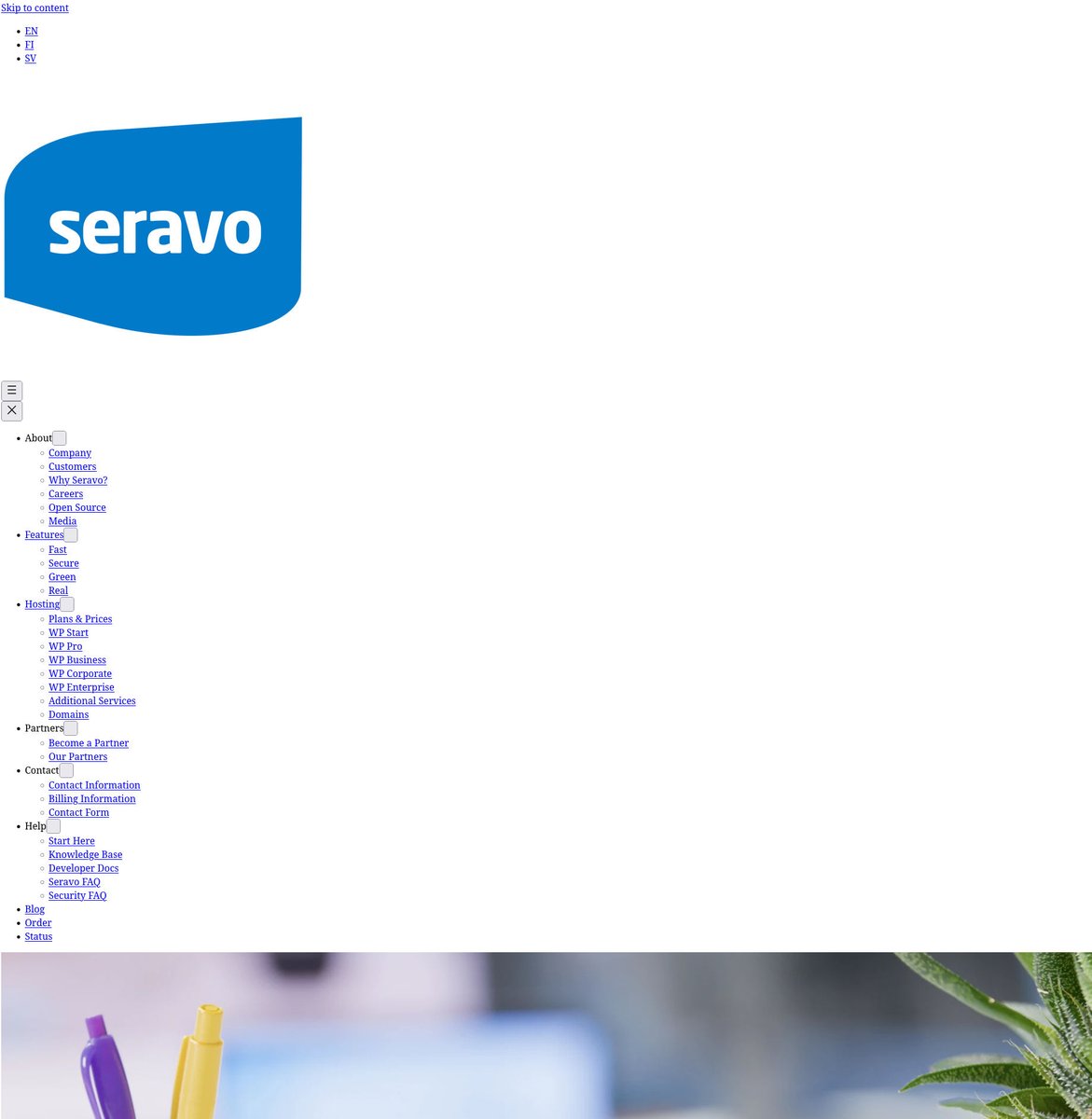 Hämmentävän näköinen sivu bongattu? Tänään on #CSSNakedDay! Millainen on sivujesi UX ilman tyylejä? #Saavutettavuus ratkaisee! Testaa selaimen dev-työkaluilla, älä pelästytä pomoa! 😉 Tässä seravo.com ilman CSS:ää. #webdev #CSS