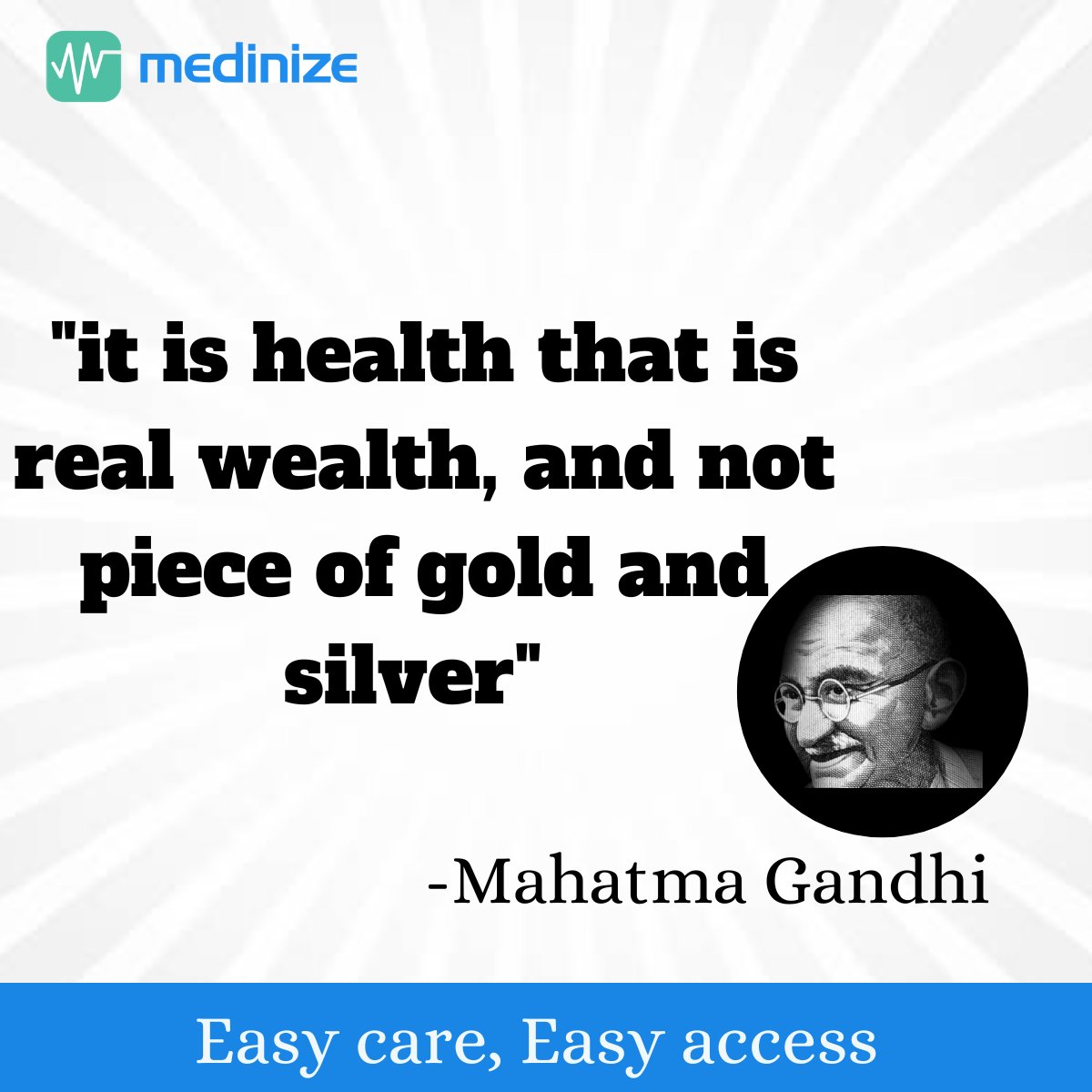 Medinize_'s tweet photo. Mahatma Gandhi said it best:
"Health is real wealth, not pieces of gold and silver."

So if you slept for 8 hours, drank water, stretched a bit...
Congrats, you're richer than most!

#HealthIsWealth #SelfCareFlex #telehealth #QuoteOfTheDay #medinizeishereforyou https://t.co/s5qoQFedws