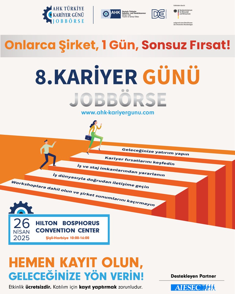 🎉Alman Türk Ticaret ve Sanayi Odası'nın düzenlediği Hilton Bosphorus Convention Center'de gerçekleşecek olan Kariyer Fuarı'nda sende yerini al. Kayıt Formu: ahk-kariyergunu.com/8-kariyer-gunu…