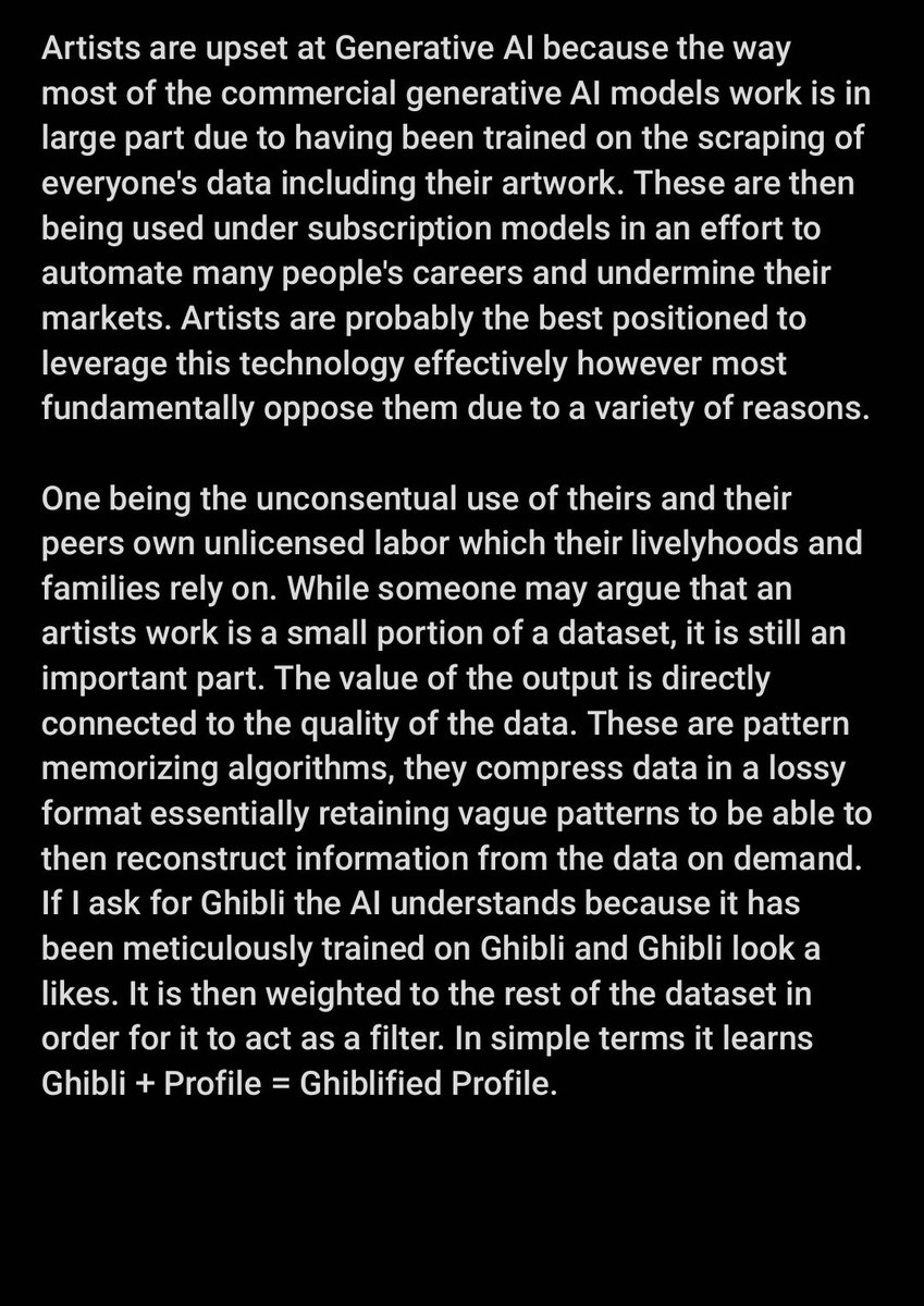 EZE3D's tweet image. The Question - Why are artists bitching about Generative AI?

I wrote you a list.

Why do you feel the need to jump to Generative AI's &amp;amp; AI corporations defense anytime you see a post like this? 🤔