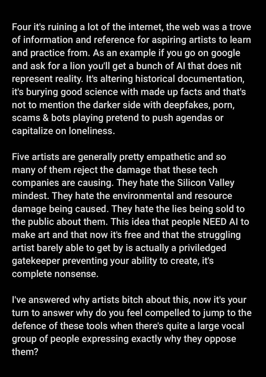 EZE3D's tweet image. The Question - Why are artists bitching about Generative AI?

I wrote you a list.

Why do you feel the need to jump to Generative AI's &amp;amp; AI corporations defense anytime you see a post like this? 🤔
