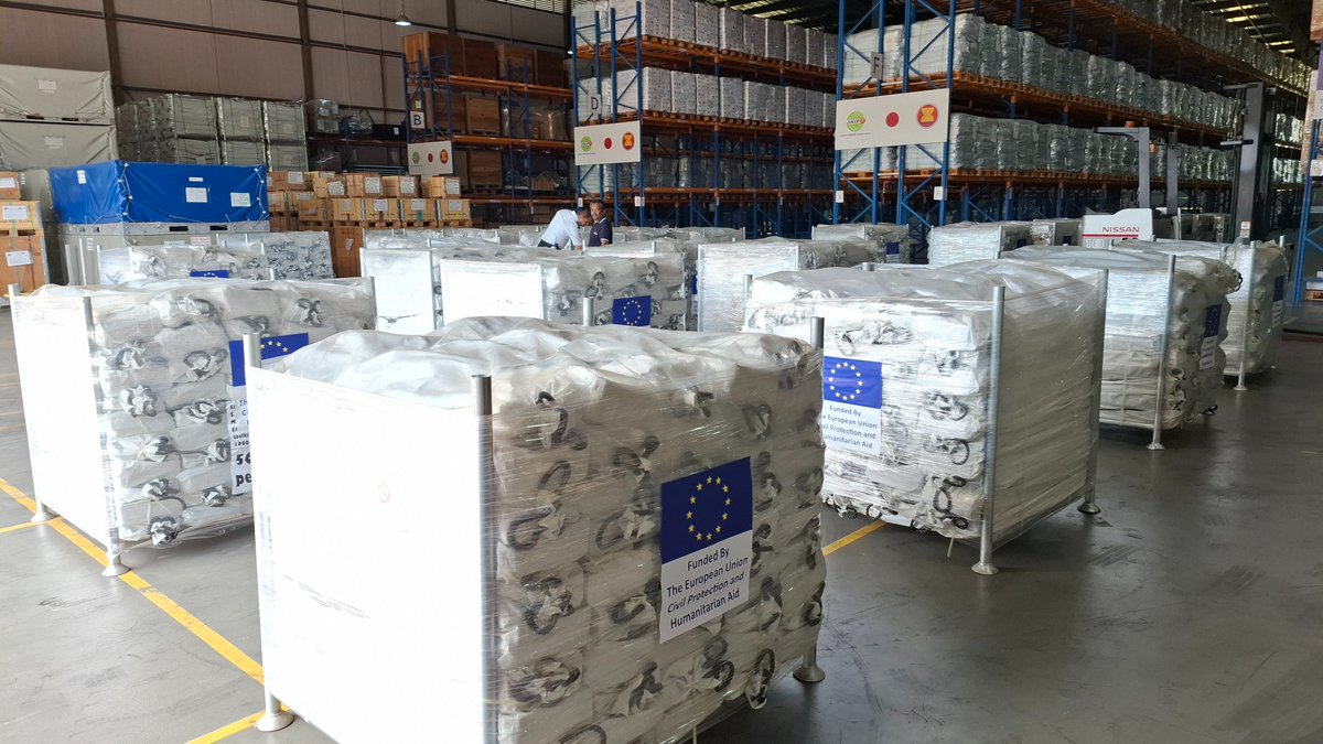 eu_echo's tweet photo. ✈️Today, a second EU Humanitarian Air Bridge flight has landed in Yangon, Myanmar, carrying 55 tonnes of EU stocks including water, sanitation, &amp; shelter items from our stockpile in Kuala Lumpur.

With our partners, we continue to deliver aid to those impacted by the earthquake. https://t.co/TNoV5SKoIx