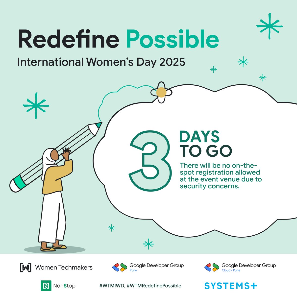Only 3 DAYS TO GO until we #RedefinePossible at #WTMIWD 2025!
Get ready for stories that inspire, ideas that ignite, and a community that empowers.

📅 12th April | 📍 Infosys, Pune
🔗 Register now:tinyurl.com/Gdgpune.

#WTMIWD #RedefinePossible