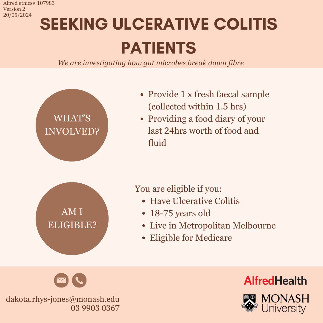 Monash FODMAP (@monashfodmap) on Twitter photo Calling all patients living with ULCERATIVE COLITIS who live in Melbourne 🇦🇺
Researchers at Monash Uni & The Alfred are investigating how different fibres get broken down by the microbes in our gut.
If you meet the criteria & are interested, contact dakota.rhys-jones@monash.edu Calling all patients living with ULCERATIVE COLITIS who live in Melbourne 🇦🇺
Researchers at Monash Uni & The Alfred are investigating how different fibres get broken down by the microbes in our gut.
If you meet the criteria & are interested, contact dakota.rhys-jones@monash.edu