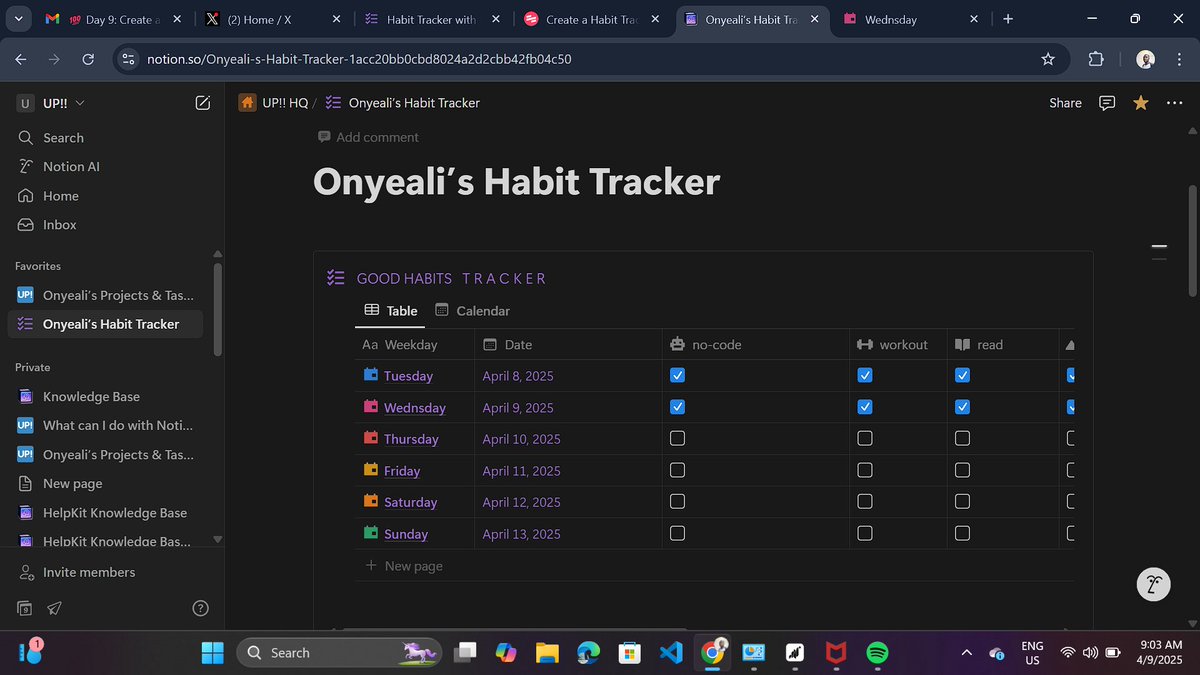 ChimezieOnyeali's tweet photo. Day 9 of #14DaysofNoCode with #100school π―
So I already created a habit tracker with @NotionHQ from my #7DaysofNotion with #100school so I just added a few updates to my habit tracker and then completed today's habits. Reviewing what I already learned. https://t.co/fuKBxW3VmH