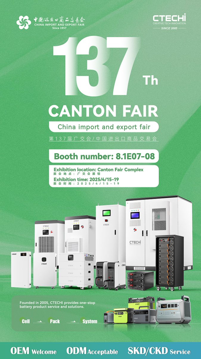 CtechiGroup's tweet photo. 📣 Visit CTECHI at the 137th #CantonFair!
🗓 April 15–19, 2025
📍 Booth: 8.1E07–08
Explore our battery systems, power stations &amp; more!
🔋 OEM/ODM/SKD services available.
#EnergyStorage #CTECHI #BatteryTech #PortablePower #OEM https://t.co/CKw0BGxvaU