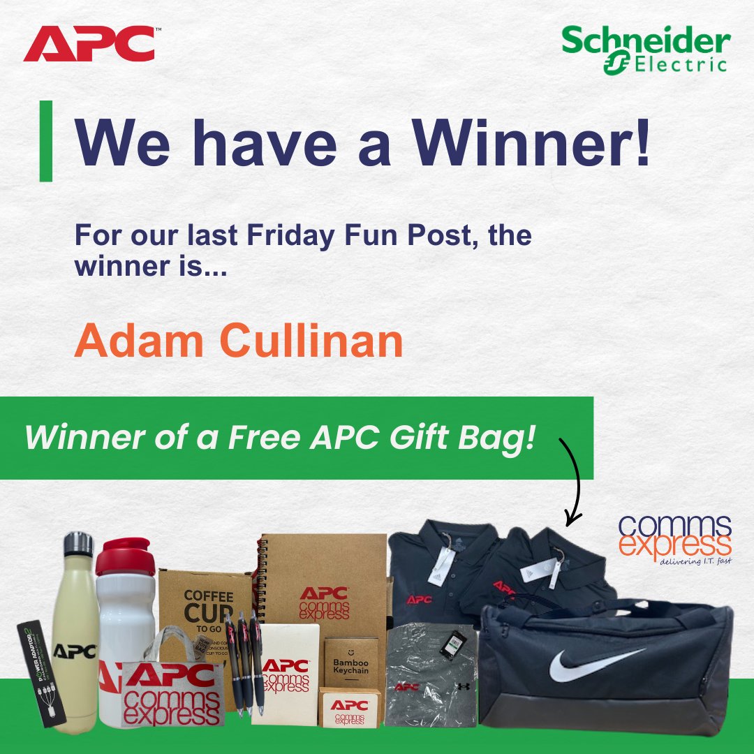 CommsExpress's tweet photo. We have a Friday Fun Post Winner... Adam Cullinan!
๐ Congratulations on winning a FREE APC Gift bag! ๐
Thanks to everyone that took part in the Friday Fun post! Keep an eye out for our next one for a chance to win some more goodies!
#CommsExpress #FridayFunPost #Winner https://t.co/B9VAmjRFYn