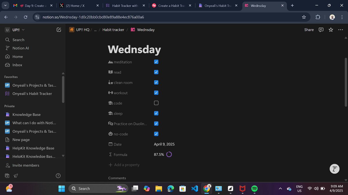 ChimezieOnyeali's tweet photo. Day 9 of #14DaysofNoCode with #100school π―
So I already created a habit tracker with @NotionHQ from my #7DaysofNotion with #100school so I just added a few updates to my habit tracker and then completed today's habits. Reviewing what I already learned. https://t.co/fuKBxW3VmH