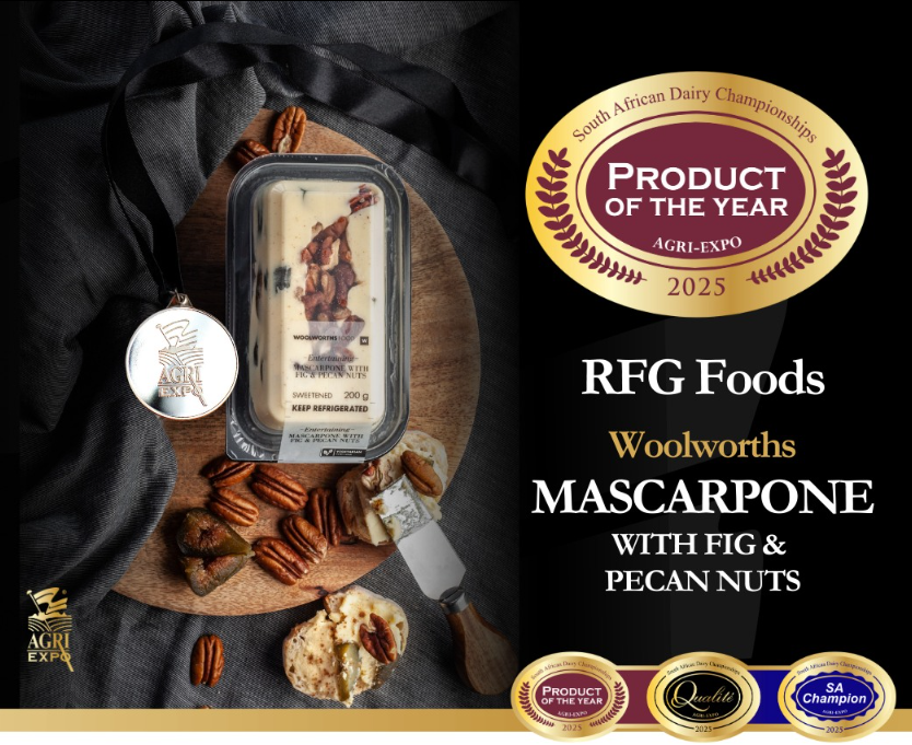 AgriNewsSA's tweet photo. Local craftsmanship leads the herd! RFG Foods’ mascarpone with fig &amp; pecan nuts for @WoolworthsSA named 2025 SA Dairy Product of the Year.  A proud moment for #SAagri &amp; dairy innovation! Read  more: https://t.co/aadIxulGfH
#SADairyChamps #Woolworths #AgriNews https://t.co/S5cpJZw9Pm