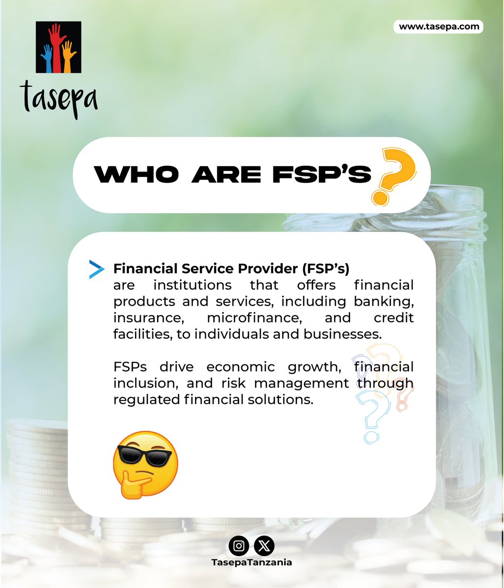 💡 Confused about where to get trusted financial services?

🏦 FSPs (Financial Service Providers) offer reliable solutions like banking, insurance, and credit to help you manage and grow your money.

🔍 Learn more about how FSPs can support your financial journey at with us