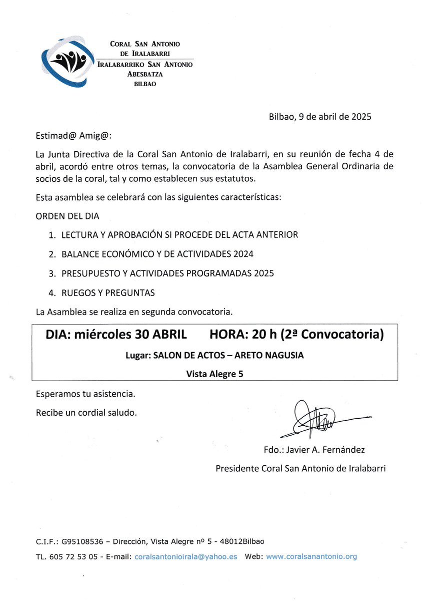 Convocatoria Asamblea de Soci@s de la coral. 
Os invitamos a asistir a la Asamblea el próximo día 30 de Abril. No faltéis