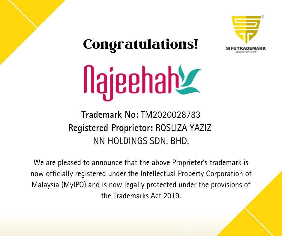 Good day, everyone! We are sharing this happy news with you 😊 We are happy that our client's trademark is a #securedtrademark. #Registernow with #sifutrademark