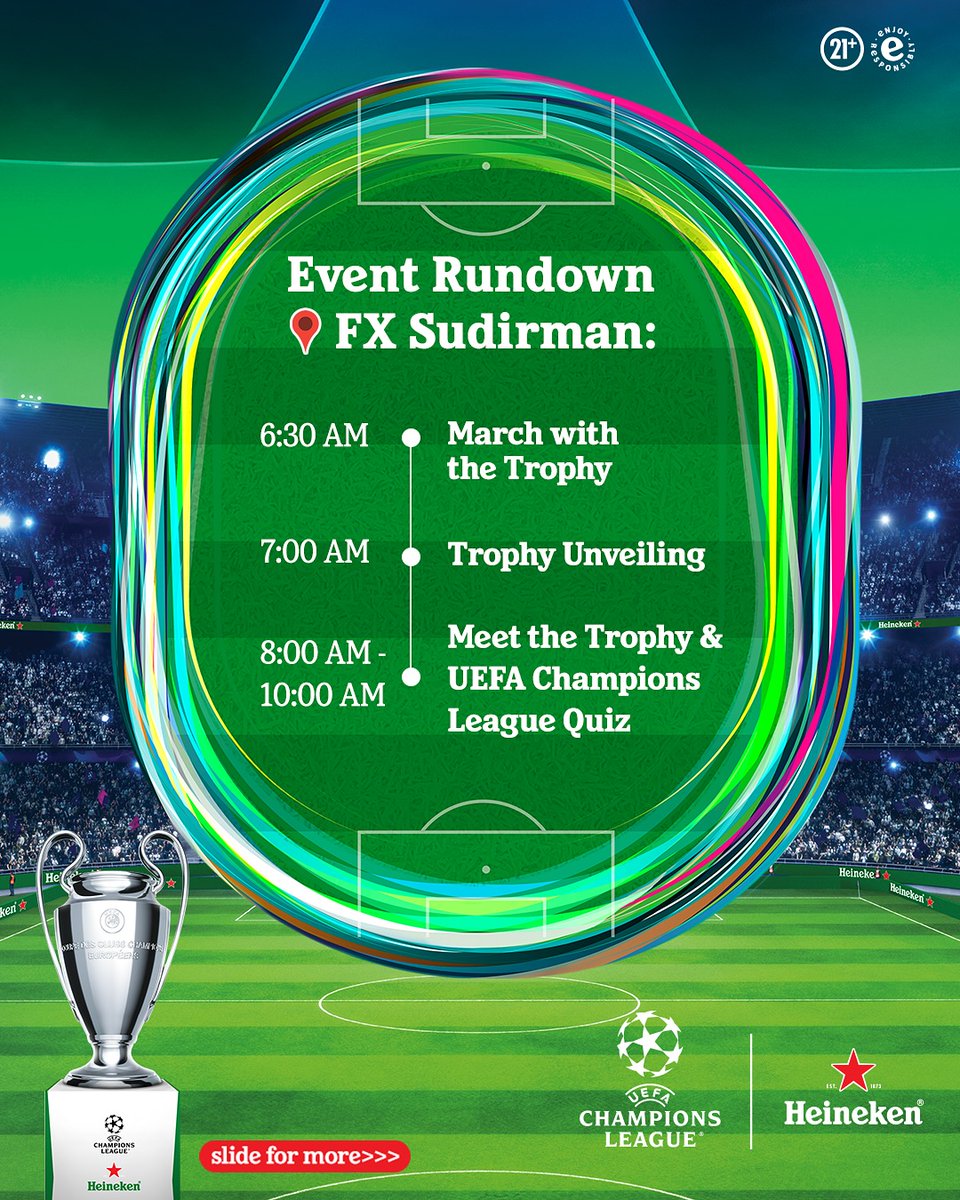 JCIndonesia's tweet photo. Join us as we welcome back the trophy & bring a legendary football champion to Jakarta! ๐โฝ๐ป
Save the date & see you on 13th April 2025!
#UCLTrophyTour
#CheerstoTheRealHardcoreFans
#HeinekenID https://t.co/ZR4vWb7iJi