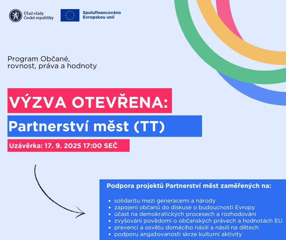 🏙️🤝Výzva Partnerství měst OTEVŘENA!

🇪🇺 program #CERV nabízí 5 milionů EUR na financování vašich projektů v rámci výzvy Partnerství měst!

⏳Uzávěrka: 17. září 2025

Více informací o výzvě Partnerství měst najdete 👉 bit.ly/4ckdUGS
