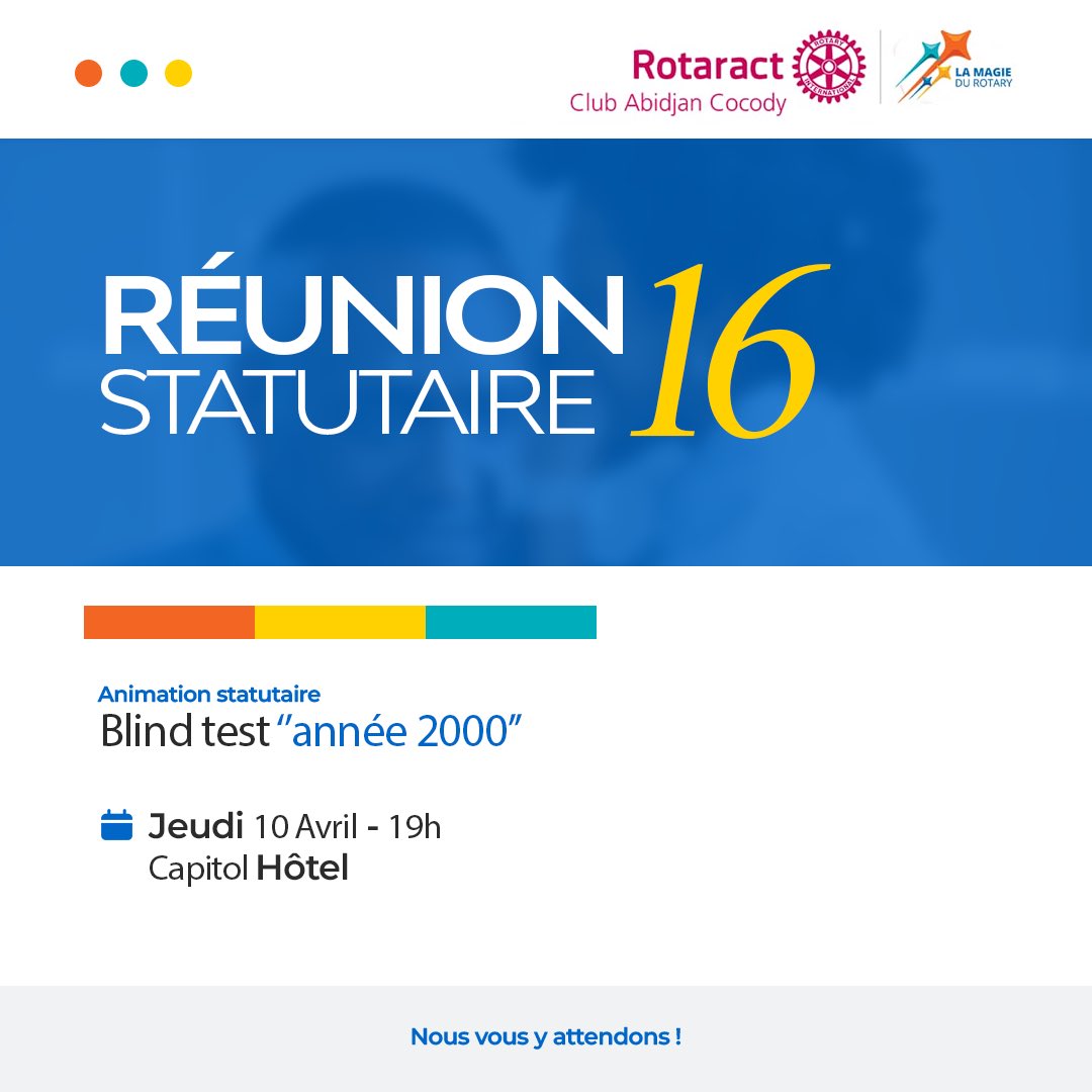 ClubCocody's tweet photo. RÉUNION STATUTAIRE N16

Vous vous souvenez encore des grands classiques de la musique ivoirienne des années 2000 ? 🤧

BREF, RDV ce jeudi 10 Avril 2025 au Capitol Hôtel pour notre 16e réunion statutaire. 

Nous allons tester quelque chose !! 😏😀 https://t.co/Lft9GzWAdl