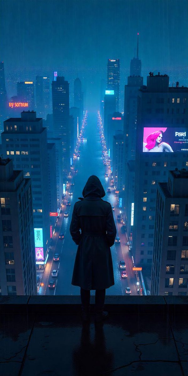 BokanStudio's tweet photo. 🌌■Cyberpunk_villain
使用AI：Freepik + ChatGPT

ChatGPTに画像のイメージを伝えて、プロンプトを作成。それをFreepikに入力して、画像を生成。😊

Cyberpunk night city, neon rain. Central glowing billboard behind shadowy rooftop figure. High angle view, moody and mysterious. https://t.co/VjePAP0LNc