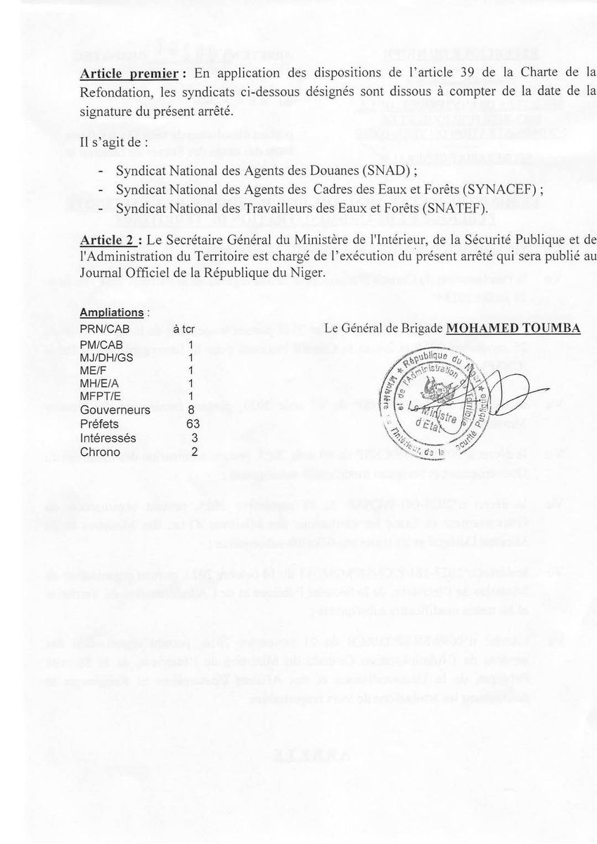 aboubacarybarma's tweet photo. #Niger
Dissolution de 3 syndicats issus des #FDS en application de la #Charte de transition (art.39):
Syndicat National Agents des Douanes (#SNAD);
Syndicat National Agents des Cadres des Eaux et Forêts (#SYNACEF) et Syndicat National Travailleurs Eaux et Forêts (#SNATEF). https://t.co/z1O6lozrcw