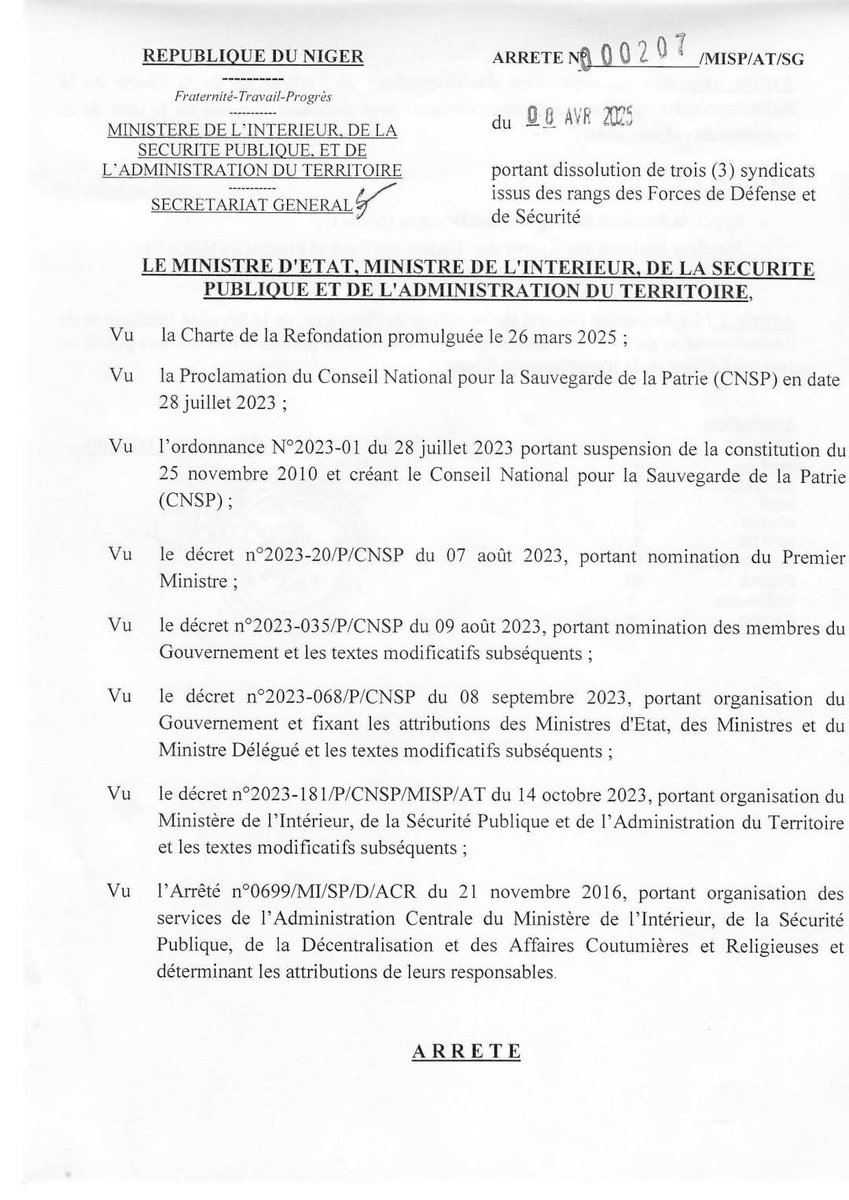 aboubacarybarma's tweet photo. #Niger
Dissolution de 3 syndicats issus des #FDS en application de la #Charte de transition (art.39):
Syndicat National Agents des Douanes (#SNAD);
Syndicat National Agents des Cadres des Eaux et Forêts (#SYNACEF) et Syndicat National Travailleurs Eaux et Forêts (#SNATEF). https://t.co/z1O6lozrcw