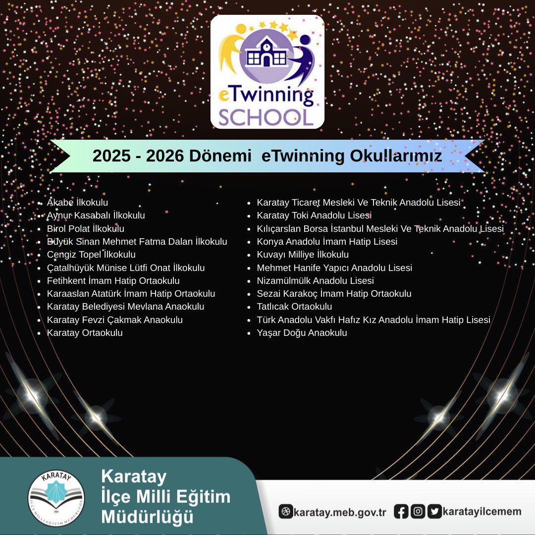 2025-2026 döneminde eTwinning Okulu unvanını alarak Avrupa’daki seçkin okullar arasına giren ilçemiz okullarını gönülden tebrik ediyoruz. Emeği geçen herkese teşekkürler!