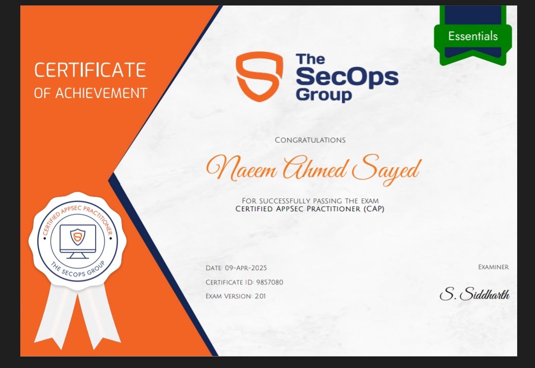 I have successfully passed the Certified AppSec Practitioner (CAP) By <a href="/TheSecOpsGroup/">The SecOps Group</a>. This certification has deepened my understanding of application security, secure coding practices, and vulnerability mitigation, #CyberSecurity #CertifiedAppSecPractitioner  #ThesecopsGroup