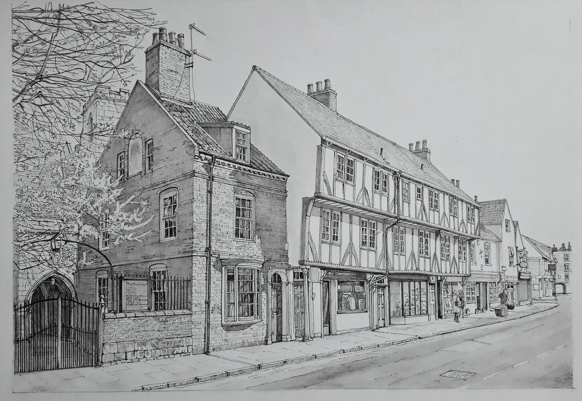 Micklegate, York. No 83 a small brick house probably built in the 2nd quarter of the 18th century, alongside the church gateway. Nos 85-89 are late 15th-early 16th century, built to fund a chantry in Holy Trinity Church. 

<a href="/GrimArtGroup/">Grim Art</a> <a href="/VArchGroup/">VAG</a> #pencil #drawing