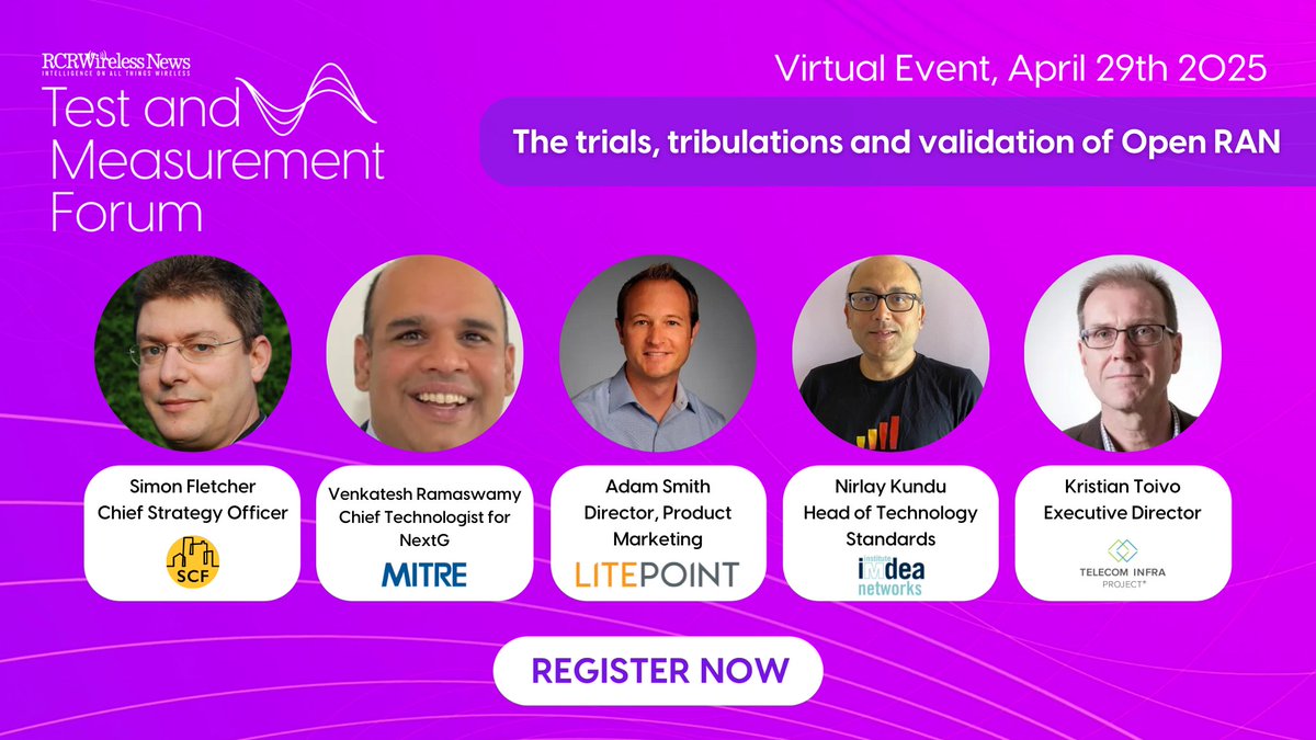 RCR Wireless News (@rcrwirelessnews) on Twitter photo RCR Wireless News' Test and Measurement Forum is just around the corner, taking place virtually on April 29th.
Explore how carriers are committing to Open RAN and hear best practices for testing from leading voices in the space:
🔹 Adam Smith, <a href="/litepoint/">LitePoint Corp</a>
🔹 Nirlay Kundu, RCR Wireless News' Test and Measurement Forum is just around the corner, taking place virtually on April 29th.
Explore how carriers are committing to Open RAN and hear best practices for testing from leading voices in the space:
🔹 Adam Smith, <a href="/litepoint/">LitePoint Corp</a>
🔹 Nirlay Kundu,