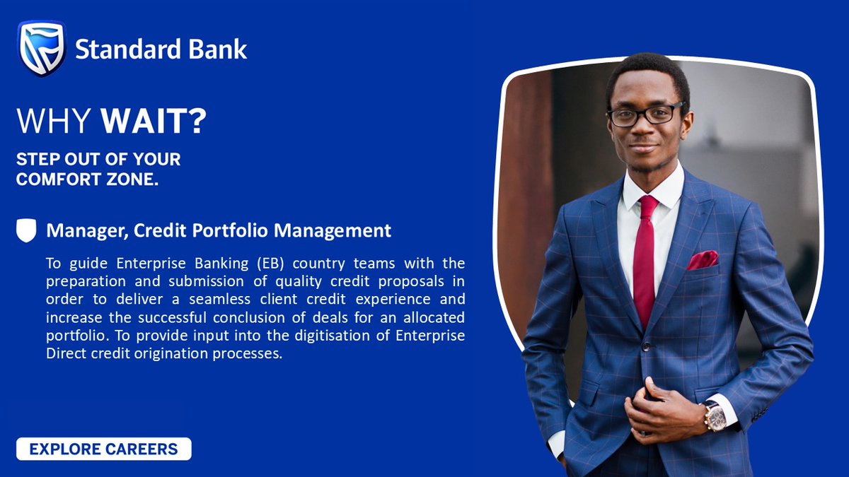 StandardBankSZ's tweet image. #WHYWAIT? Join our team! 
Apply today to join the #BlueBloods 💙 
• Manager, Credit Portfolio Management: smrtr.io/qDRbk
Closing date: 14 April 2025 
#BlueLove