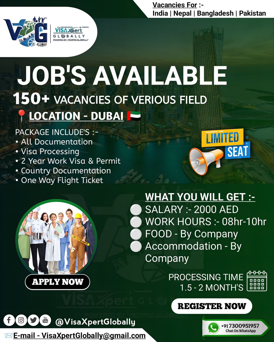 VisaXpertGlobal's tweet photo. Exciting Job opportunities! ✨🌍
@VisaXpertGlobal is hiring from India 🇮🇳, Nepal 🇳🇵, Bangladesh 🇧🇩, and Pakistan 🇵🇰! 

🔥 Enjoy HIGH SALARY, FREE accommodation &amp; food! 💰 

Build your rewarding career abroad! 🌟✈️ DM for details or WhatsApp:- +91 7300951957! 

#VisaXpertGlobally https://t.co/ToEGZonUg3