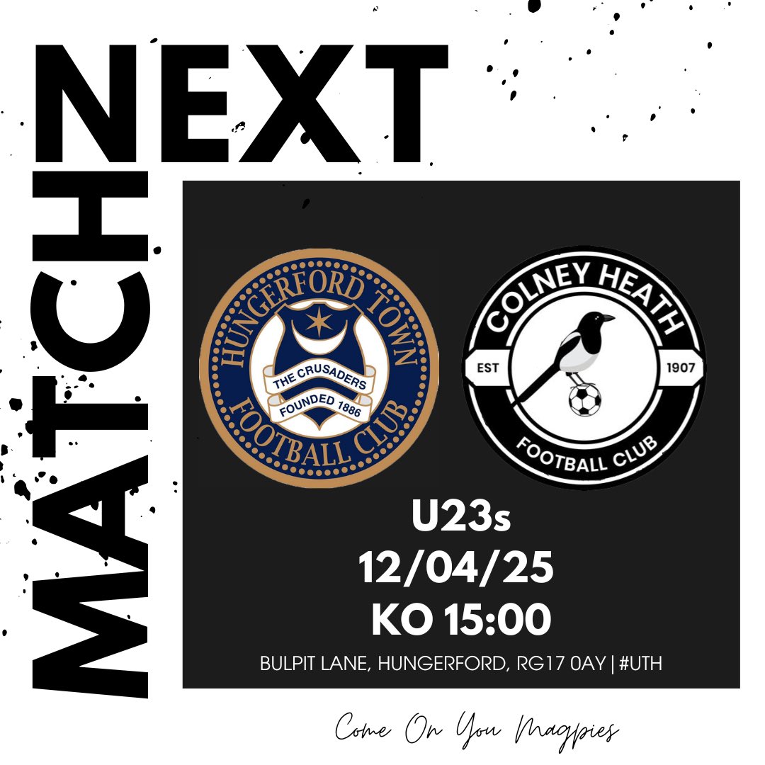 ➡️ NEXT UP FOR THE U23s

🆚 <a href="/HungerfordU23s/">Hungerford Town U23s</a> 
🗓️ 12/04/25
⏰ KO 15:00
🏟️ Bulpit Lane, Hungerford, RG17 0AY

#ComeOnYouMagpies