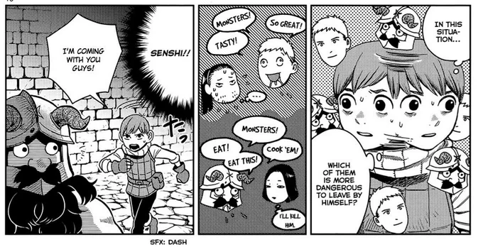chilchuck counting on toshiro's inability to speak up and laios' trust in him seeming like he's taunting him for it 