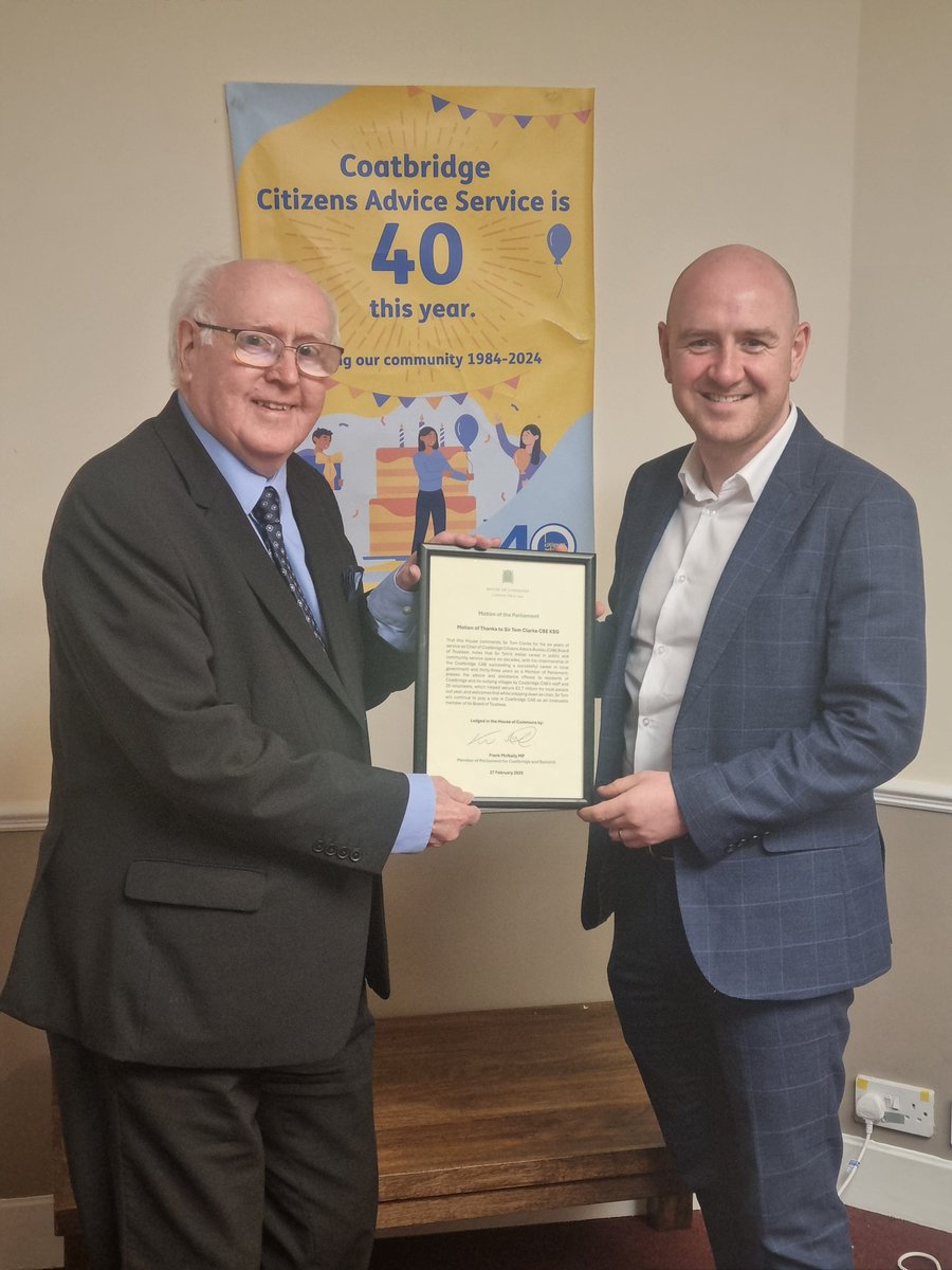 Congratulations Sir Tom Clarke who served as Chairperson for 6 years on our Board and will continue helping the interests of the local community as a Trustee. He was presented with a parliament motion  congratulating him for his service by Frank Mc Nally MP. #citizensadvice