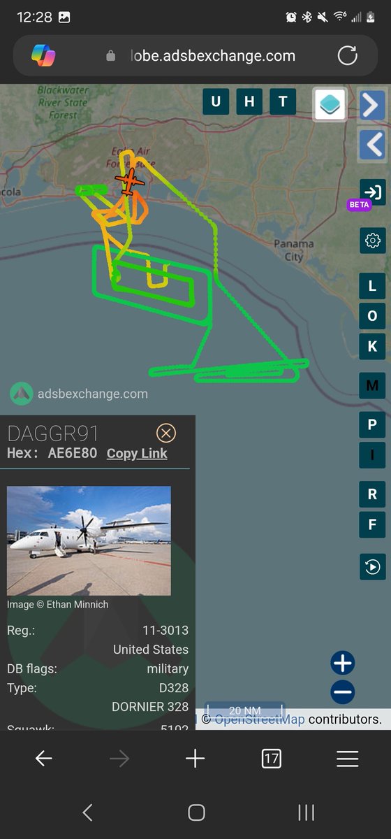 norb420's tweet photo. 18) #AE6E80 as #DAGGR91
#A067A2 as #N125PZ
#A4064C as #MTH9
#000017 as ?
#A16ACD as #FRE77
#A4362F as #FRE56
#ABC303 as #FR2
#ABD081 as #MIG1
#AE068C as ?
#AE07A6 as ?
#AE0847 as ?
#AE5FA1 as #PACK21
#AE77A5 as #BACN06
#AE01D1 as #SHINR40
From yesterday, 😵💫 That was a bunch of players for this test and I know I probably missed a few. At least 4 tankers, 3 KC-135s and a KC-46 supporting the test. A couple of Boeing owned Beech testbed aircraft took part as well. They made the journey from St. Louis last week. Top Aces Corp had 2 or more F-16s participating. A RC-135W out of Greenville and E-11A from Robins AFB made an appearance as well, with the RC-135W showing up towards the end of the test. The L3Harris caravan, Straight Flight PC-12, MIT-Lincoln twin otter and DAGGR91 flew close to the same pattern they flew yesterday and last week. DAGGR91 did change it up a bit, flying farther south and east at the beginning of their flight doing a couple of back and forths before setting up their rectangular pattern with MTH9 and N125PZ. DAGGR91 flew at 11,000 feet and took off at 8:18am, landing at 12:18pm for a flight time of 4 hours. Filled that little Dorniers tanks to the brim.