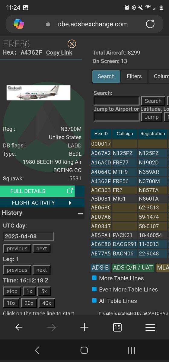norb420's tweet photo. 18) #AE6E80 as #DAGGR91
#A067A2 as #N125PZ
#A4064C as #MTH9
#000017 as ?
#A16ACD as #FRE77
#A4362F as #FRE56
#ABC303 as #FR2
#ABD081 as #MIG1
#AE068C as ?
#AE07A6 as ?
#AE0847 as ?
#AE5FA1 as #PACK21
#AE77A5 as #BACN06
#AE01D1 as #SHINR40
From yesterday, 😵💫 That was a bunch of players for this test and I know I probably missed a few. At least 4 tankers, 3 KC-135s and a KC-46 supporting the test. A couple of Boeing owned Beech testbed aircraft took part as well. They made the journey from St. Louis last week. Top Aces Corp had 2 or more F-16s participating. A RC-135W out of Greenville and E-11A from Robins AFB made an appearance as well, with the RC-135W showing up towards the end of the test. The L3Harris caravan, Straight Flight PC-12, MIT-Lincoln twin otter and DAGGR91 flew close to the same pattern they flew yesterday and last week. DAGGR91 did change it up a bit, flying farther south and east at the beginning of their flight doing a couple of back and forths before setting up their rectangular pattern with MTH9 and N125PZ. DAGGR91 flew at 11,000 feet and took off at 8:18am, landing at 12:18pm for a flight time of 4 hours. Filled that little Dorniers tanks to the brim.