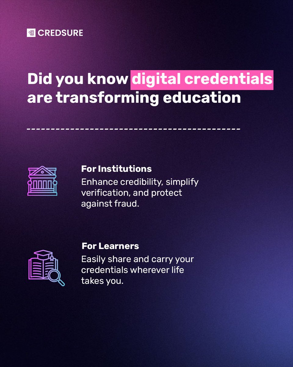 Cred_Sure's tweet photo. Explore how CredSure is revolutionizing credentialing, ensuring trust, transparency, and lifelong learning.

Book a demo today 👉 https://t.co/cArzAvONWB

#digitalcredentials #digitalbadges #digitalcertificates #elearning https://t.co/JbtOSUHJv3