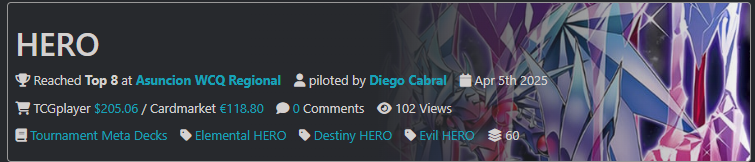 YGOPRODeck's tweet image. Hi friends, check out our new Player Pages feature (currently in beta!) Special thanks to Gallantron for developing this.
When viewing a Tournament Meta Deck, click on a duelist's name to check it out!
We still have a lot of work to do to clean it up (some names typed in…