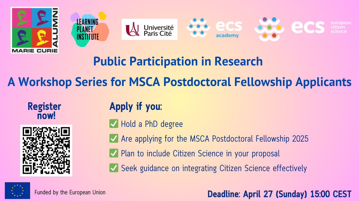 Are you planning to apply for the #MSCA Postdoctoral Fellowship this year and want to integrate #CitizenScience into your research proposal?

A workshop series on public participation in research will soon be launched to help you do it effectively! 🙌 

Read more ⬇️