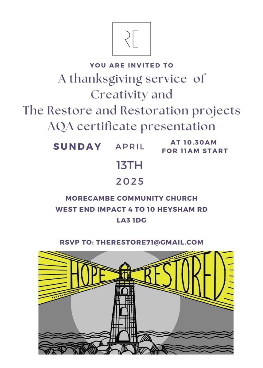 On Sunday is our special celebration service for all who achieved great results at The RE Store in their AQA qualifications. Certificates will be presented &amp; lots of creative things are in store. Including song writing ✍️ <a href="/LancasterCVS/">Lancaster District CVS</a> <a href="/bay_medical/">Bay Medical Group</a> <a href="/WeLoveMorecambe/">We Love Morecambe</a>