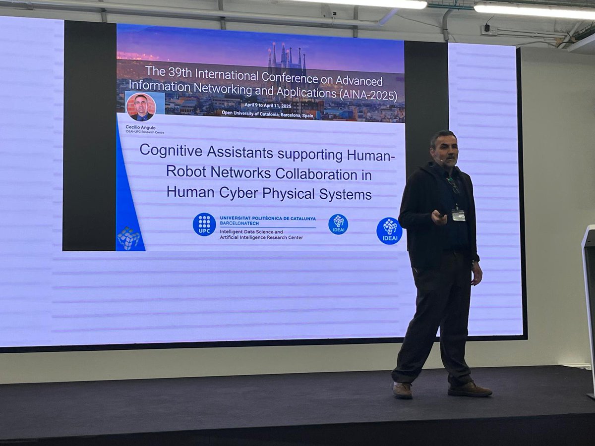 Edul@b Research Group (@edulabtic) on Twitter photo 🗣️ The keynote speaker <a href="/cecilioangulo/">Cecilio Angulo</a> (Universitat Politècnica de Catalunya, UPC) shares his presentation on "Cognitive Assistants Supporting Human-Robot Collaboration in Human Cyber Physical Systems" at #AINA2025
#CognitiveAssitants #HumanRobot #Innovation #Technology #Future 🗣️ The keynote speaker <a href="/cecilioangulo/">Cecilio Angulo</a> (Universitat Politècnica de Catalunya, UPC) shares his presentation on "Cognitive Assistants Supporting Human-Robot Collaboration in Human Cyber Physical Systems" at #AINA2025
#CognitiveAssitants #HumanRobot #Innovation #Technology #Future