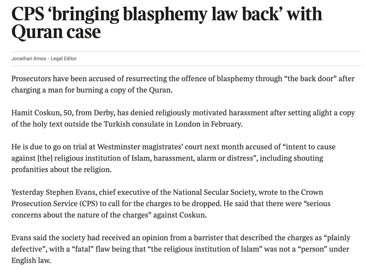 NatSecSoc's tweet photo. The prosecution of Hamit Coskun is legally flawed and amounts to a dangerous reintroduction of blasphemy laws through the backdoor.

KC @akuareindorf described the charges as "plainly defective". We've urged the CPS to drop them.

Story in @thetimes.

https://t.co/7YC7PTKTrh https://t.co/RmRyMWKMnM