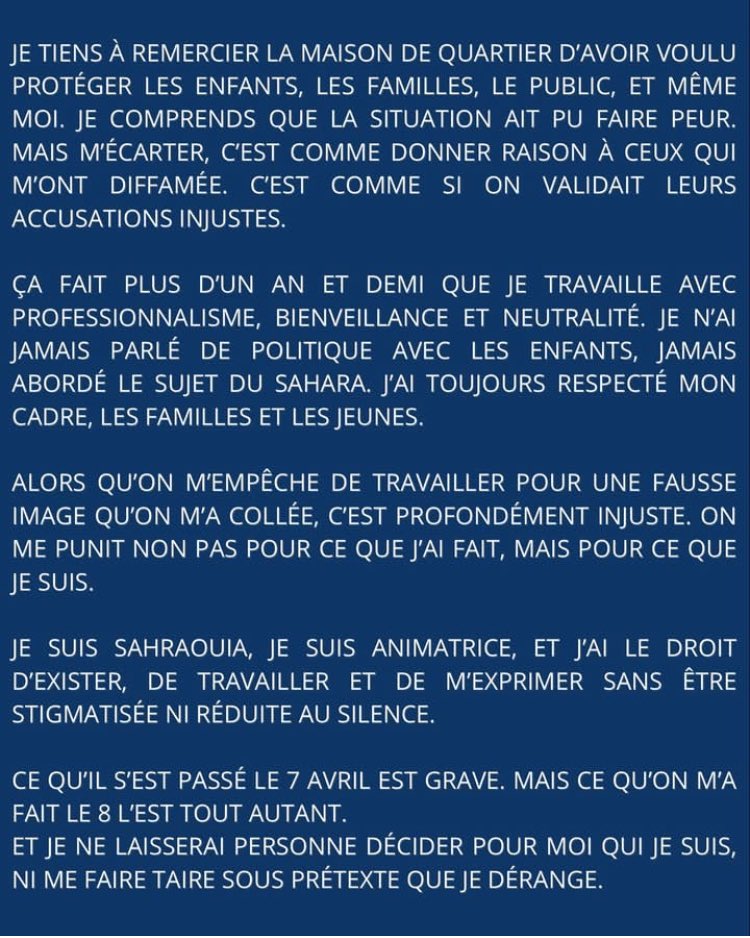 Après le passage de la Marche pour la liberté à Poitiers, les nationalistes marocain.e.s ont lancé une cabale raciste contre une femme sahraouie et l’empêchent de travailler. 

Elle s’appelle Yasmina, voici son témoignage :