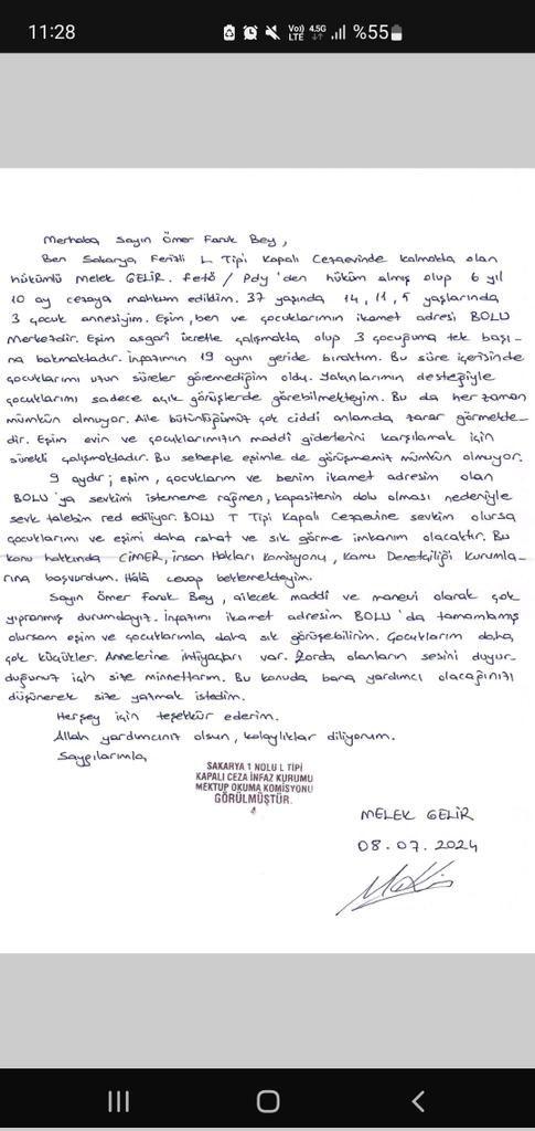 Annesi 2.5 yıldır mahpus olduğu için 2 kardeşine annelik yapan Fatma Sümeyra Gelir için <a href="/bakanlik/">Bakanlık</a> zamanında Bolu'ya nakil yapsaydı belki bunlar yaşanmayacaktı!

Anne Melek Gelir'in 08-07-2024'de yazdığı mektup için soru önergesiyle <a href="/yilmaztunc/">Yılmaz TUNÇ</a> a yazdım,umursamadılar!

Çocuk öldü!