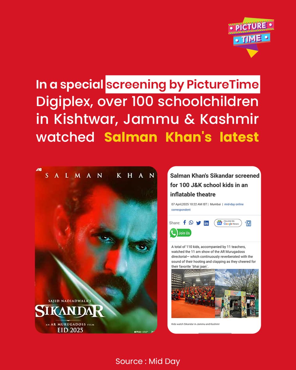 🎬 Big screen magic in the hills!
100+ schoolkids in Kishtwar watched #Sikandar in an inflatable theatre by #PictureTime.
Because in Bharat, every seat deserves the big screen thrill! 🌄✨
.
.
.
#SalmanKhan #CinemaForAll #Kishtwar #MobileCinema #InflatableTheatre #BharatOnScreen