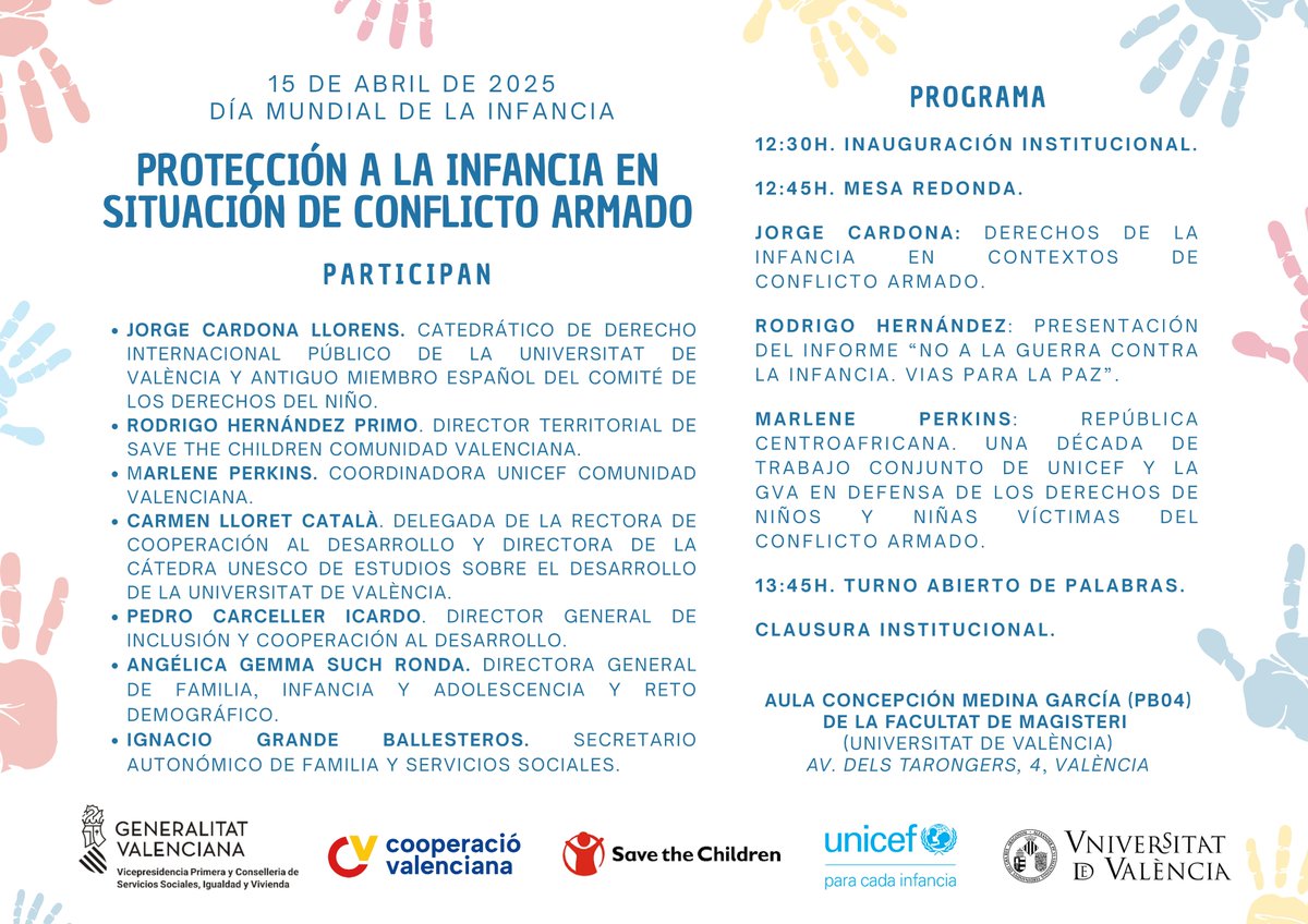 Càtedra UNESCO UV (@catedraunescouv) on Twitter photo Millor pla per commemorar el Dia Mundial de la Infància que assistir a la taula redona sobre la protecció dels xiquets en situació de conflicte amb veus més que autoritzades d' <a href="/UV_EG/">Universitat València</a>, <a href="/UNICEFComVal/">UNICEF Comitè CValenciana</a>, <a href="/SaveChildrenCV/">Save the Children Comunitat Valenciana</a> i <a href="/GVAGovernObert/">GVA Gobierno Abierto</a> ?
🗓️ 15 d'abril, 12:30 h
📍 <a href="/facmagisteriuv/">Facultat de Formació del Professorat UV</a> Millor pla per commemorar el Dia Mundial de la Infància que assistir a la taula redona sobre la protecció dels xiquets en situació de conflicte amb veus més que autoritzades d' <a href="/UV_EG/">Universitat València</a>, <a href="/UNICEFComVal/">UNICEF Comitè CValenciana</a>, <a href="/SaveChildrenCV/">Save the Children Comunitat Valenciana</a> i <a href="/GVAGovernObert/">GVA Gobierno Abierto</a> ?
🗓️ 15 d'abril, 12:30 h
📍 <a href="/facmagisteriuv/">Facultat de Formació del Professorat UV</a>