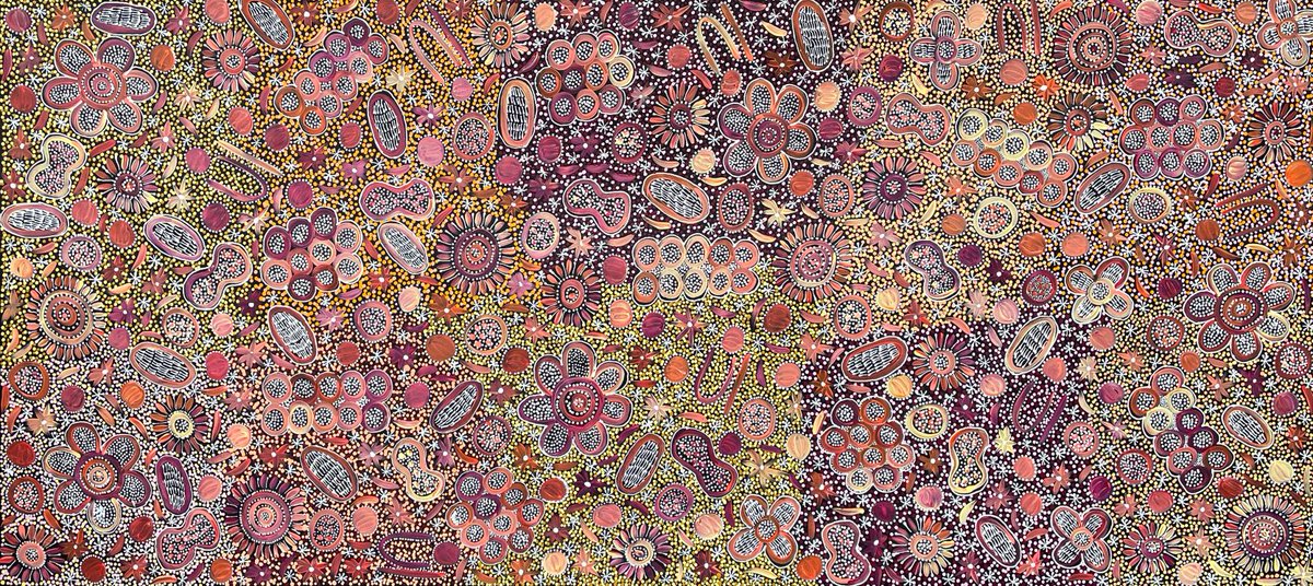 Plants, flowers and seeds, My Country 200x99 cm, Jap 021918 from Rochelle Bird Mbitjana from the exhibition Bush Garden - Aboriginal connections to the natural environment – view the exhibition japingkaaboriginalart.com/collections/bu… #contemporaryart #AboriginalArt #JapingkaGallery #indigenous