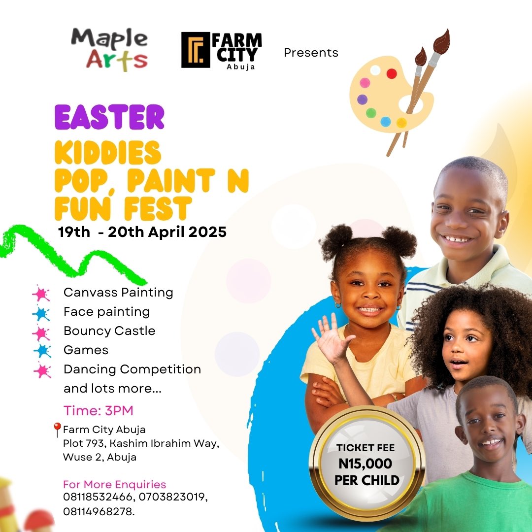 virgincassy's tweet photo. Easter Just Got More Fun! 

Get ready for the ultimate Easter Kiddies Pop, Paint &amp; Fun Fest with Maple Art and Farm City Abuja!
Happening this April 19th &amp; 20th, 2025 from 3PM, it’s two days of pure joy, creativity, Easter magic and unforgettable memories!
🎨 Guided painting sess https://t.co/w4U8tcxIgs