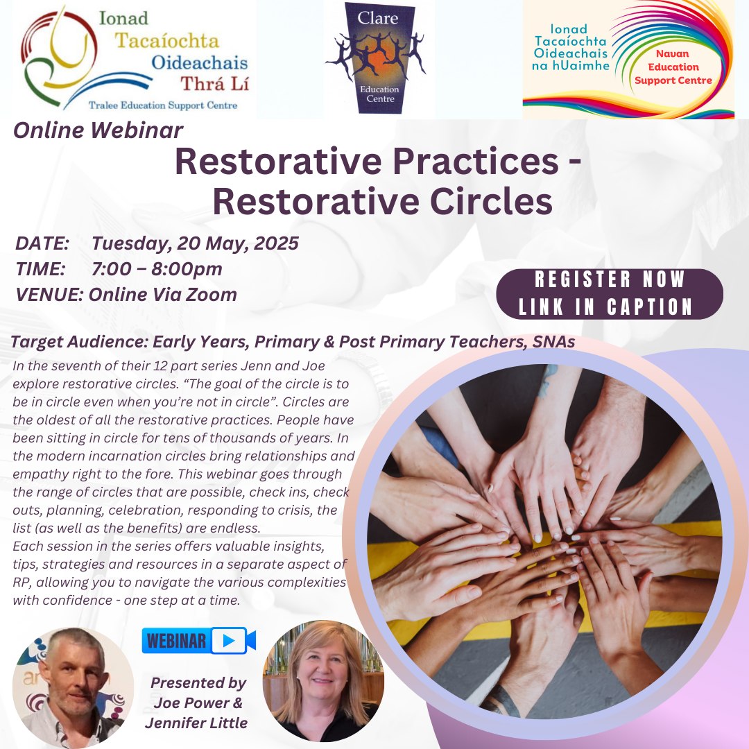 Clare Education Centre (@clareedcentre) on Twitter photo 📢Primary & Post Primary Special Needs Assistants and Early Years Educators
➡️Restorative Practices - Restorative Circles
📅Tuesday, 20th May 2025
⏲️7pm to 8pm
🗣️Joe Power & Jennifer Little
📌Zoom
💰Free
®️ zoom.us/webinar/regist…
<a href="/TraleeESC/">Tralee Education Support Centre</a> <a href="/NavanESC/">Navan Education Support Centre</a> <a href="/JoePower1975/">Joe Power</a> 📢Primary & Post Primary Special Needs Assistants and Early Years Educators
➡️Restorative Practices - Restorative Circles
📅Tuesday, 20th May 2025
⏲️7pm to 8pm
🗣️Joe Power & Jennifer Little
📌Zoom
💰Free
®️ zoom.us/webinar/regist…
<a href="/TraleeESC/">Tralee Education Support Centre</a> <a href="/NavanESC/">Navan Education Support Centre</a> <a href="/JoePower1975/">Joe Power</a>
