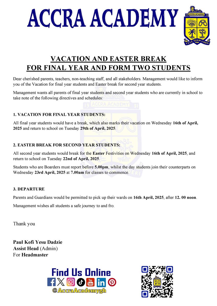 Vacation and Easter Break Notice: Dear cherished parents, teachers, non-teaching staff, and all stakeholders. Management would like to inform you of the Vacation for final year students and Easter break for second year students.