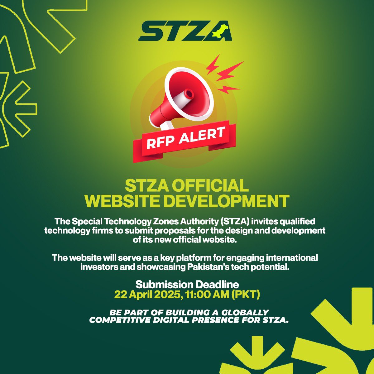 RFP Alert: STZA Official Website Development

The Special Technology Zones Authority (#STZA) invites qualified technology firms to submit proposals for the design and development of its new official website.

Submission Deadline: 22 April 2025, 11:00 AM (PKT)

For further